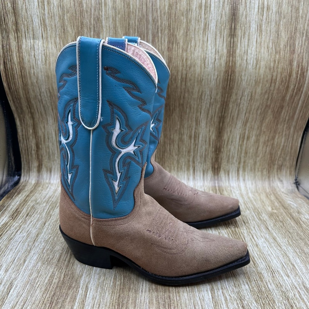 Dan Post Genuine Cowhide Western Boots Women's Size 5.5‎ Suede Brown Blue Shoes